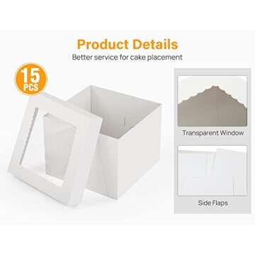 Kootek 15pcs Cake Boxes, 10x10x8 Inches Tall Cake Box with Window, White Bakery Boxes, Large Baking Boxes, Square Cardboard Cake Box for Multi-Layer Cakes, Cake Decorating Supplies for Gift Giving
