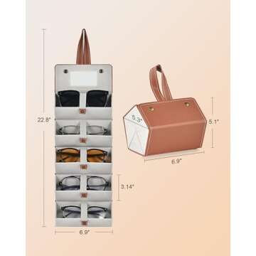CO-Z Travel Sunglasses Organizer, Foldable Travel Sunglass Case with 5 Slots Mirror Straps for Multi...