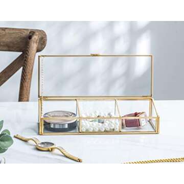 Golden Vintage Glass Lidded Box Clear Glass & Brass Metal Storage Jewelry and Cosmetic Makeup Organi...