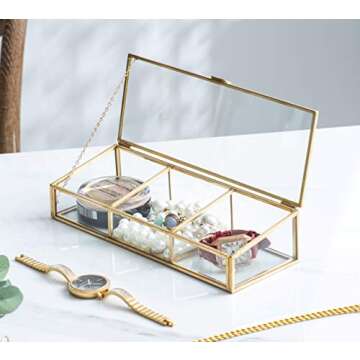 Golden Vintage Glass Lidded Box Clear Glass & Brass Metal Storage Jewelry and Cosmetic Makeup Organizer with Lid Beauty Display, Rectangle with 3 Compartment