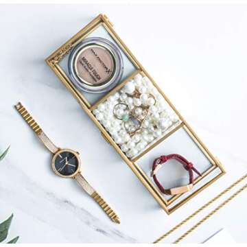 Golden Vintage Glass Lidded Box Clear Glass & Brass Metal Storage Jewelry and Cosmetic Makeup Organizer with Lid Beauty Display, Rectangle with 3 Compartment