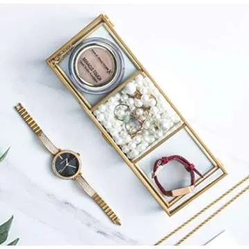 Golden Vintage Glass Lidded Box Clear Glass & Brass Metal Storage Jewelry and Cosmetic Makeup Organizer with Lid Beauty Display, Rectangle with 3 Compartment