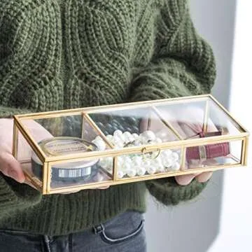 Golden Vintage Glass Lidded Box Clear Glass & Brass Metal Storage Jewelry and Cosmetic Makeup Organizer with Lid Beauty Display, Rectangle with 3 Compartment