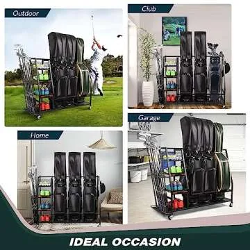 Sttoraboks 3 Golf Bags Storage Garage Organizer, Golf Bag Rack Fits 3 Golf Bags and Golf Equipment Accessories, Golf Club Storage Stand with Wooden Shelf and Lockable Wheels for Garage Indoor Basement