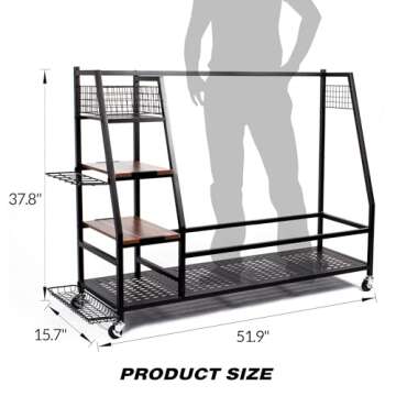 Sttoraboks 3 Golf Bags Storage Garage Organizer, Golf Bag Rack Fits 3 Golf Bags and Golf Equipment Accessories, Golf Club Storage Stand with Wooden Shelf and Lockable Wheels for Garage Indoor Basement