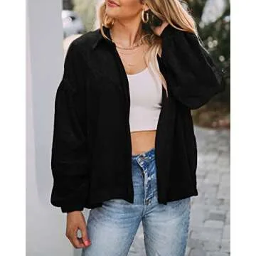 Gevomir Long Sleeve Shirts for Women Corduroy Button Down Shirt Shacket Jacket Boyfriend Oversized Blouses Tops Black