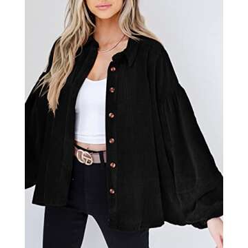Gevomir Long Sleeve Shirts for Women Corduroy Button Down Shirt Shacket Jacket Boyfriend Oversized Blouses Tops Black