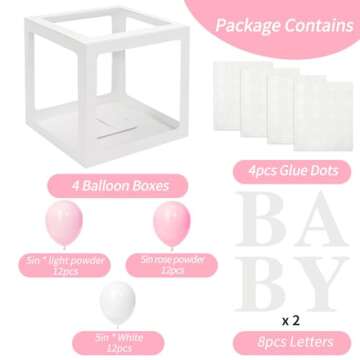RUBFAC Baby Boxes for Baby Shower Decoration with 8 Letters and 36 Balloons 4pcs Clear Balloon Boxes BABY Blocks for Girls Birthday Party Decorations(Pink)