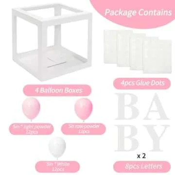 RUBFAC Baby Boxes for Baby Shower Decoration with 8 Letters and 36 Balloons 4pcs Clear Balloon Boxes BABY Blocks for Girls Birthday Party Decorations(Pink)