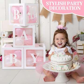 RUBFAC Baby Boxes for Baby Shower Decoration with 8 Letters and 36 Balloons 4pcs Clear Balloon Boxes BABY Blocks for Girls Birthday Party Decorations(Pink)