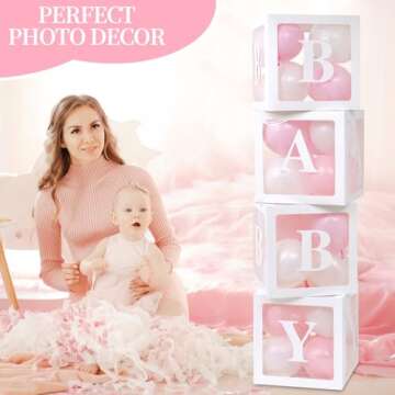 RUBFAC Baby Boxes for Baby Shower Decoration with 8 Letters and 36 Balloons 4pcs Clear Balloon Boxes BABY Blocks for Girls Birthday Party Decorations(Pink)
