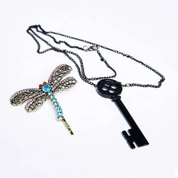 Coraline Key Necklace & Dragonfly Hairpin Set - Unique Gift