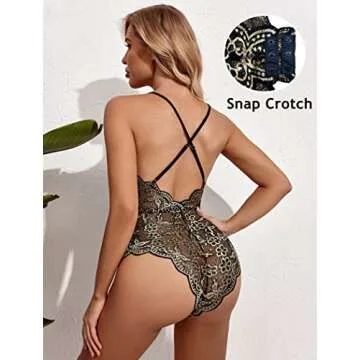 Avidlove Womens Snap Crotch Bodysuit Lingerie Lace Teddy One Piece Sleepwear (Black & Skin L)