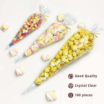 Cone Shaped Treat Bags, 5x10 Inches Clear Cone Shaped Cellophane Treat Bags, Cone Triangle Plastic Bags for Treats, Popcorn Favor, Candy,100 Pieces