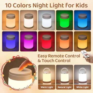 Night Light for Kids Night Light,10 Colors+8 Dimmable Baby Night Light, Remote+Timer+Touch Night Light for Baby Nursery Lamp, Portable+Rechargeable Night Light for Kids Toddler Night Light Lamp[Gifts]