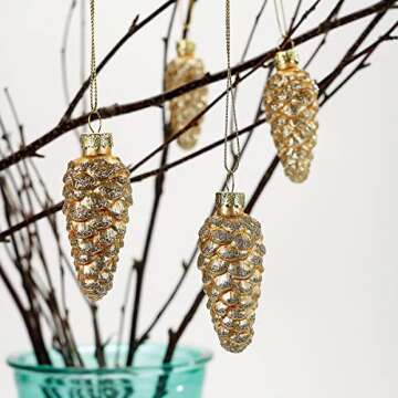 Lillian Vernon Holiday Glass Pine Cone Ornaments - Set of 12, Sparkling Mini Tree Decorations, Chris...