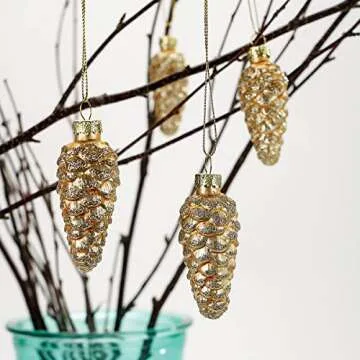 Lillian Vernon Holiday Glass Pine Cone Ornaments - Set of 12, Sparkling Mini Tree Decorations, Chris...