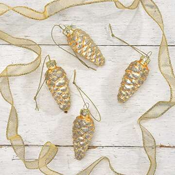 Lillian Vernon Holiday Glass Pine Cone Ornaments - Set of 12, Sparkling Mini Tree Decorations, Christmas Home Decor, 3 3/4" H