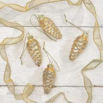 Lillian Vernon Holiday Glass Pine Cone Ornaments - Set of 12, Sparkling Mini Tree Decorations, Christmas Home Decor, 3 3/4" H