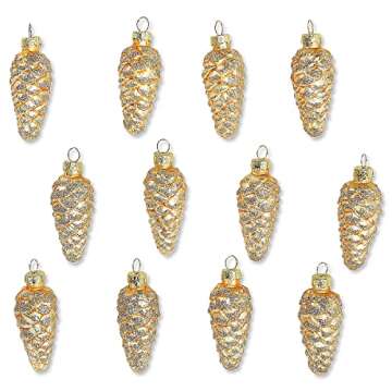 Lillian Vernon Holiday Glass Pine Cone Ornaments - Set of 12, Sparkling Mini Tree Decorations, Christmas Home Decor, 3 3/4" H