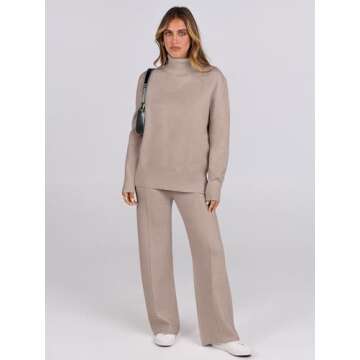ANRABESS Womens 2 Piece Outfits Sweater Sets Loose Turtlenck Knit Pullover Top Wide Leg Pants 2024 F...