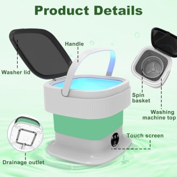 Portable Washing Machine, 15L Foldable Mini Washer and Dryer with Basket Spin, 2 in 1 Small Washing Machine with 3 Modes Deep Cleaning for Baby Clothes, Underwear, Socks, Apartment,Travel(Green)