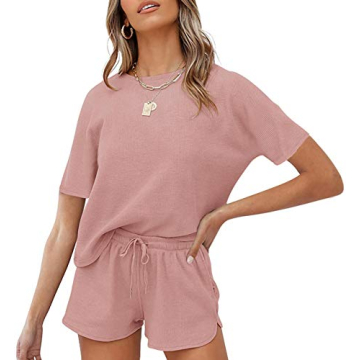 MEROKEETY Women's Short Sleeve Waffle Pajama Sets Lounge Top and Shorts 2 Piece Tracksuit Outfits, S...