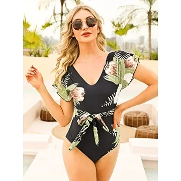 Byinns Women's V-Neck Floral One-Piece Swimsuit