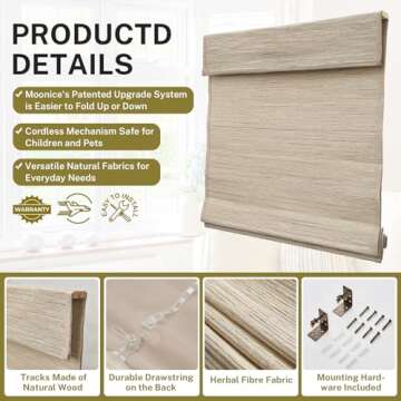 Moonice Cordless Custom Roman Shades for Window Blackout, Natural Woven Fabric Privacy Room Darkening Blinds, Thermal Insulated Window Blind Treatment for Bedroom Living Room, AWLMond