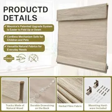 Moonice Cordless Custom Roman Shades for Window Blackout, Natural Woven Fabric Privacy Room Darkening Blinds, Thermal Insulated Window Blind Treatment for Bedroom Living Room, AWLMond