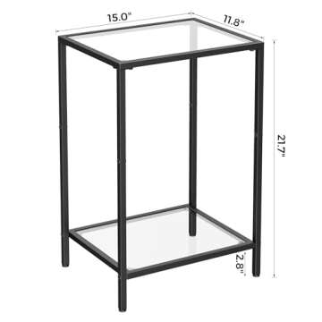 HOMSHO Side Tables Set of 2, End Tables with Tempered Glass, 2-Tier Nightstands with Storage Shelves, Slim Sofa Tables for Living Room, Bedroom, Modern Style, 11.8" D x 15" W, Black