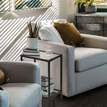 HOMSHO Side Tables Set of 2, End Tables with Tempered Glass, 2-Tier Nightstands with Storage Shelves, Slim Sofa Tables for Living Room, Bedroom, Modern Style, 11.8" D x 15" W, Black