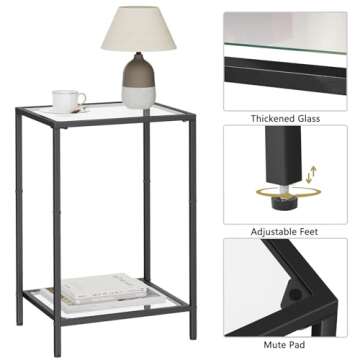 HOMSHO Side Tables Set of 2, End Tables with Tempered Glass, 2-Tier Nightstands with Storage Shelves, Slim Sofa Tables for Living Room, Bedroom, Modern Style, 11.8" D x 15" W, Black