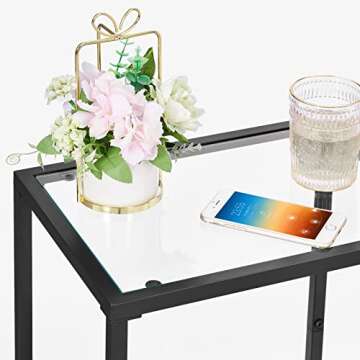 HOMSHO Side Tables Set of 2, End Tables with Tempered Glass, 2-Tier Nightstands with Storage Shelves, Slim Sofa Tables for Living Room, Bedroom, Modern Style, 11.8" D x 15" W, Black