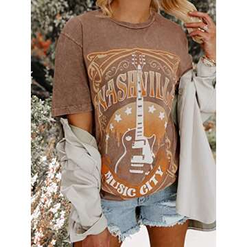 Binshre Womens Nashville Shirts Country Music Concert Tshirts Distressed Graphic Short Sleeve Tees for Women Brown M