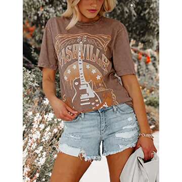 Binshre Womens Nashville Shirts Country Music Concert Tshirts Distressed Graphic Short Sleeve Tees for Women Brown M
