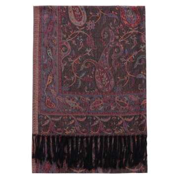 Umjetnost Womens Soft Silky Pashmina Rave Scarf Paisley Pattern Pashmina Shawl Wrap with Fringes (Black Pink Paisley)