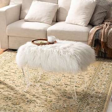 Glitzhome White Faux Fur Ottoman with Acrylic Legs