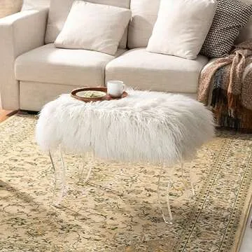 Glitzhome White Faux Fur Ottoman with Acrylic Legs