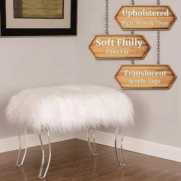 Glitzhome White Faux Fur Ottoman with Acrylic Legs