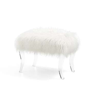 Glitzhome White Faux Fur Ottoman with Acrylic Legs