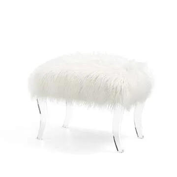 Glitzhome White Faux Fur Ottoman with Acrylic Legs