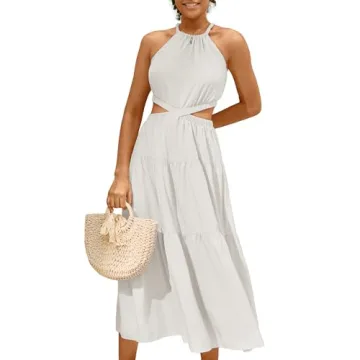MIHOLL Summer Dresses for Women 2024 Sleeveless Halter Neck Cut Out Beach Vacation Petite Long Maxi ...