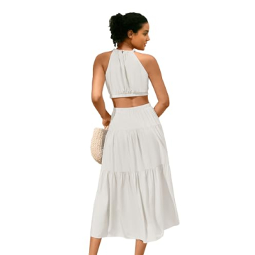 MIHOLL Summer Dresses for Women 2024 Sleeveless Halter Neck Cut Out Beach Vacation Petite Long Maxi Dress (White, Small)
