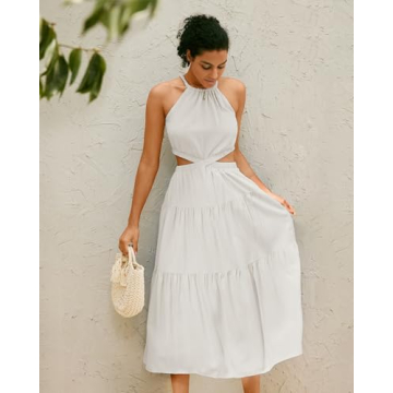 MIHOLL Summer Dresses for Women 2024 Sleeveless Halter Neck Cut Out Beach Vacation Petite Long Maxi Dress (White, Small)