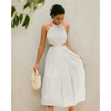 MIHOLL Summer Dresses for Women 2024 Sleeveless Halter Neck Cut Out Beach Vacation Petite Long Maxi Dress (White, Small)