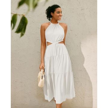 MIHOLL Summer Dresses for Women 2024 Sleeveless Halter Neck Cut Out Beach Vacation Petite Long Maxi Dress (White, Small)
