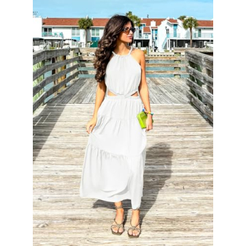 MIHOLL Summer Dresses for Women 2024 Sleeveless Halter Neck Cut Out Beach Vacation Petite Long Maxi Dress (White, Small)
