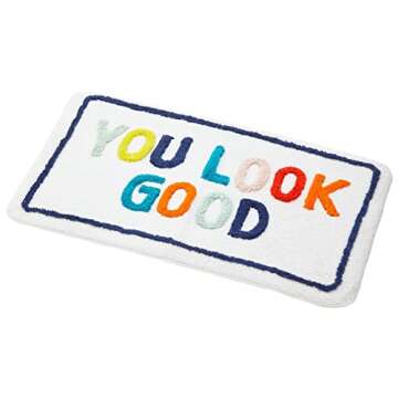 mDesign Soft Cotton Rectangular Spa Mat Bathroom Rug, Plush Water Absorbent, You Look Good Design- for Bathroom Vanity, Bathtub/Shower - Machine Washable - Bright Multi Color