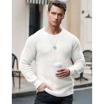 JMIERR Mens Crewneck Pullover Sweater Waffle Textured Knitted Sweaters Loose Fit Casual Sweaters with Ribbing Edge,US 43(L),White